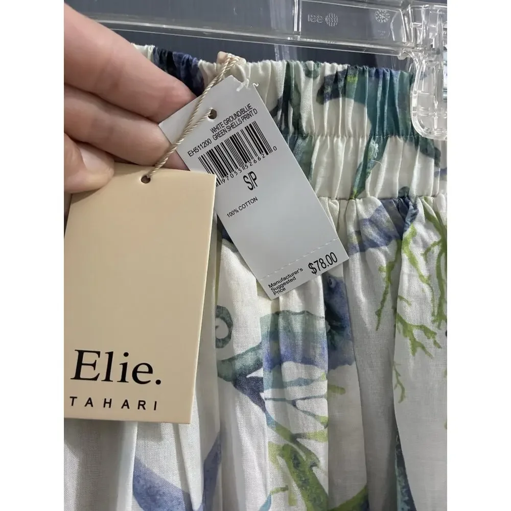 Elie Tahari Maxi Skirt A-Line size Small Sea Shells Cotton Pockets White Blue - Picture 2 of 9